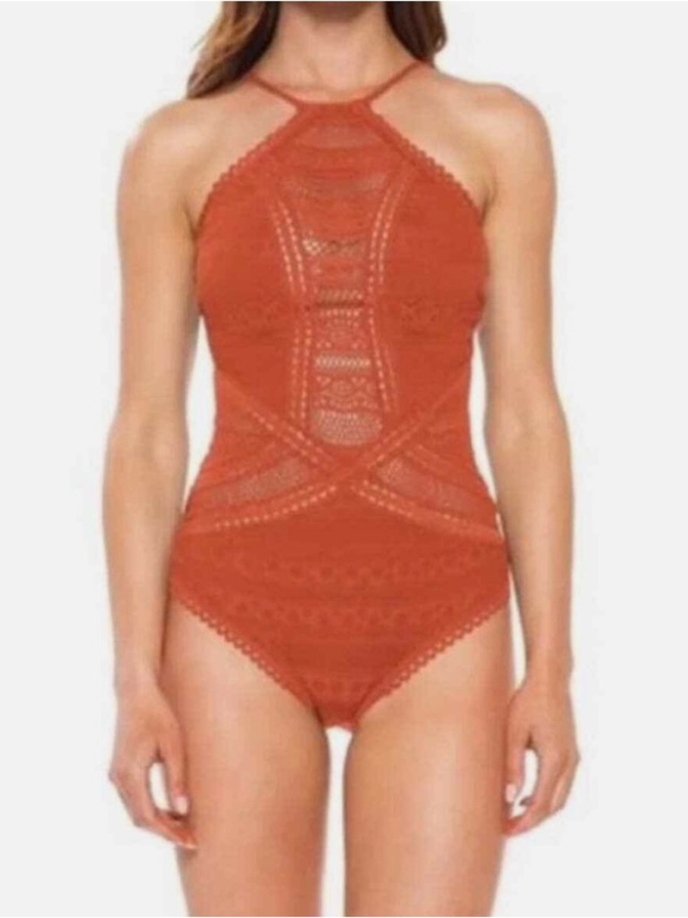 BECCA High-Neck Crochet One-Piece Swimsuit - Rust Orange